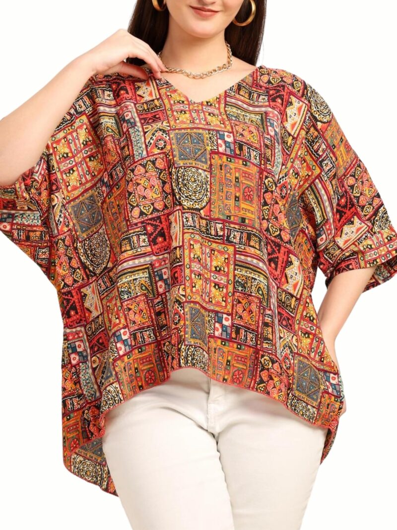 KE KANHA EXPORTS Over Size top|Tops for Woman|Boho Vibe Beach wear|Soft Silky Feel Border Print|V-Neck Half Sleeve Loose Fit|Multicolor|Easily fits M toXXL|Bust 32-40in Length 28in|Pack of 1