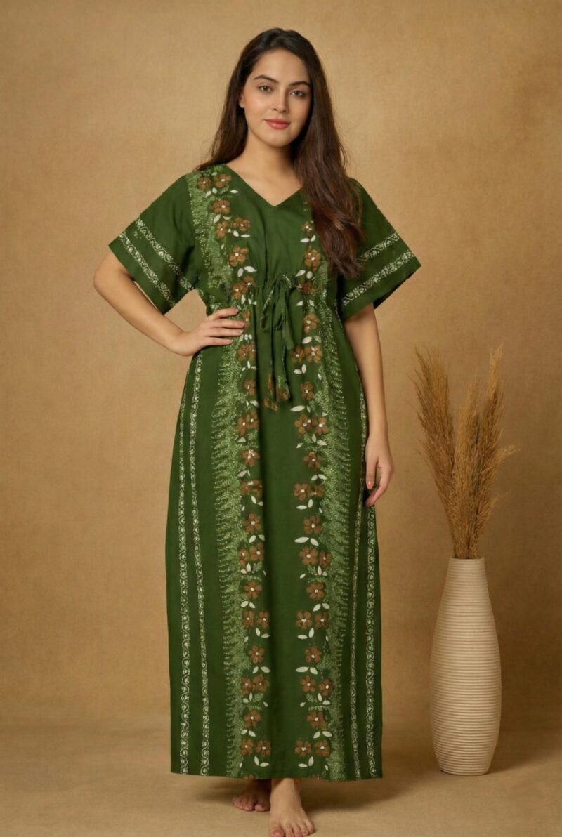 Bahumaan Pure Cotton Kaftan Nighty for Women | Kaftan Maxi for Women | Kaftan Night Gowns for Women | Cotton Nighty for Women Stylish | (Green, Free Size) - Image 2