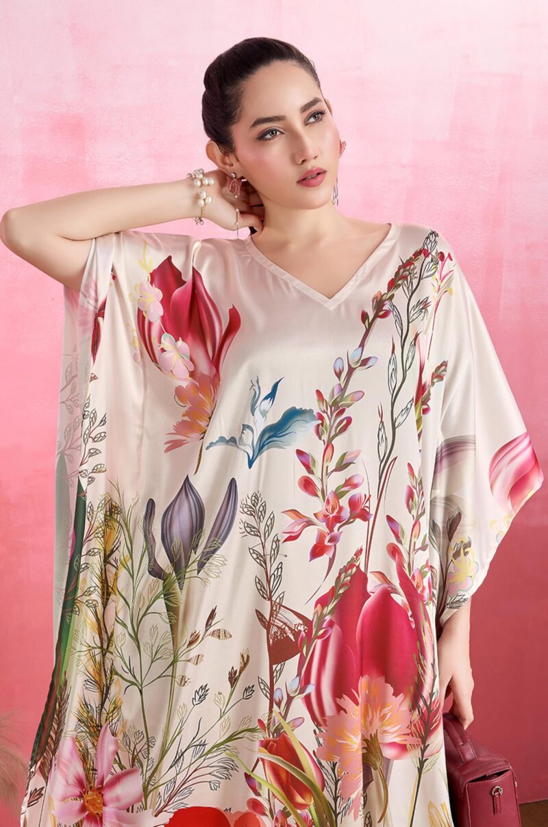 Label Aarna Premium Soft Satin Kaftan Dress for Women | Digital Print | Free Size (M-3XL) | Hidden Adjustable Belt |Trendy Festive Robe | Modern Wear Multicolour - Image 4