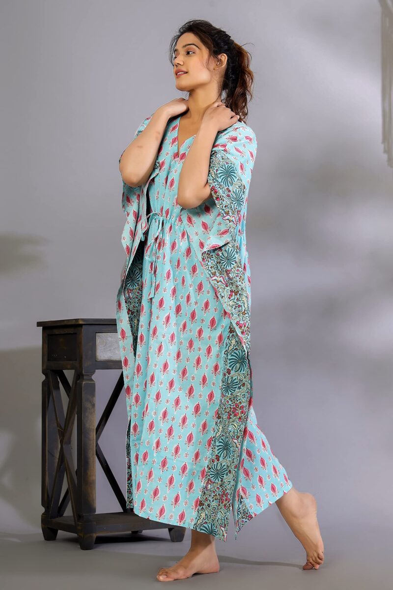 Ravaiyaa - Attitude is everything Women's Cotton Printed Maxi Kaftan Sleepwear Nightdress Gown Caftan (Turquoise Floral) - Image 2