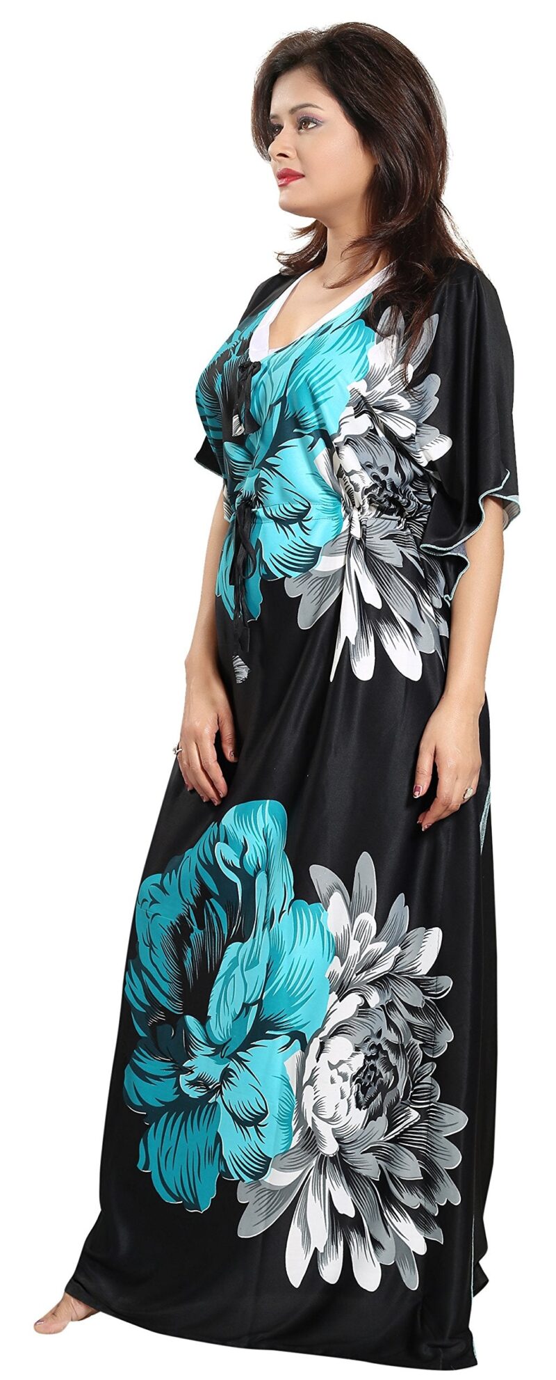 Noty Women's Kaftan Nighty | Serena Fabric | Floral Print Maxi | Short Sleeves | V Shaped Neck (Free Size, Green & Black) - Image 2