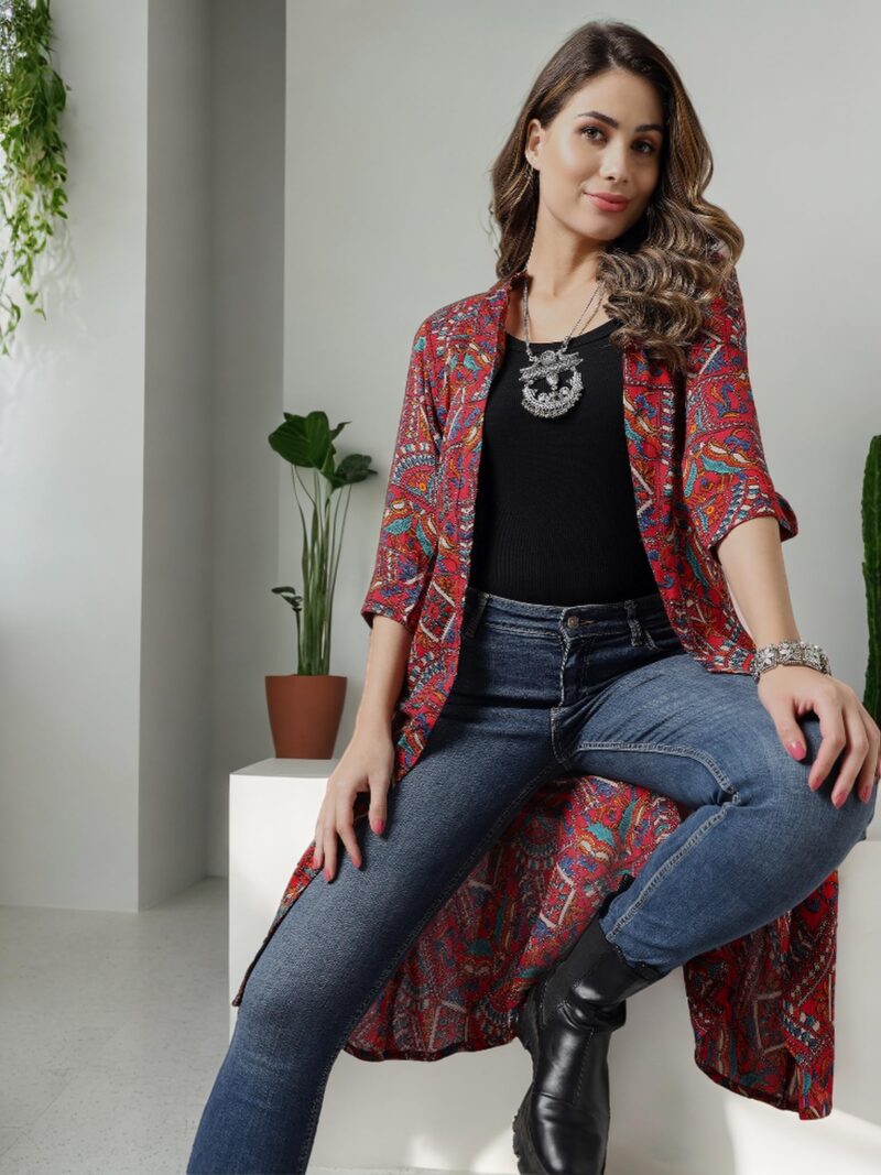Azira Rayon Abstract Print Front Open Shrug | Blue Color | Calf Length| Western & Casual Wear| Summer Wear | Shrugs for Woman Stylish - Image 2