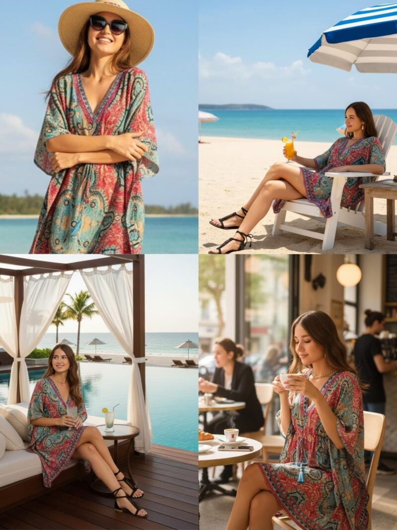 KE KANHA EXPORTS Kaftan Dress for Women Stylish|Beach Wear Dress for Women|Boho Border Print Kaftan|Adjustable Drawstring Tassel|Free Size M-XXL (10679) - Image 2