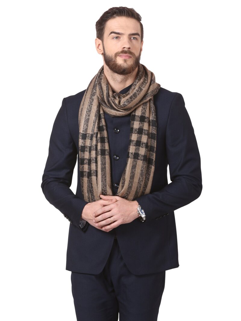 Pashtush Woven Mens Fine Wool Stole, Check-Stipe Design, Mens Muffler, Warm Cashmere Feel (Black) - Image 5