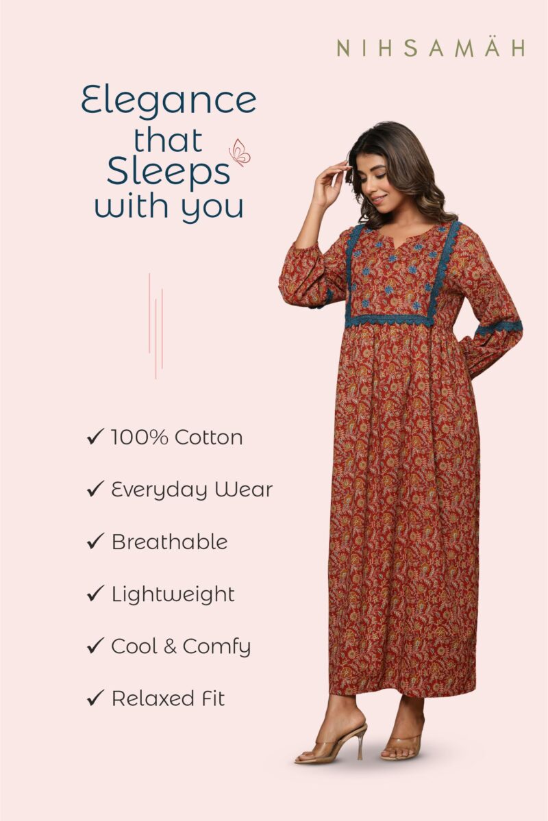 NIHSAMAH Cotton Night Gown for Women, Printed Long Cotton Nighty with Pockets, Comfortable & Fancy Sleepwear/Nightwear/Maxi (Rust, L-Bust-44) - Image 4