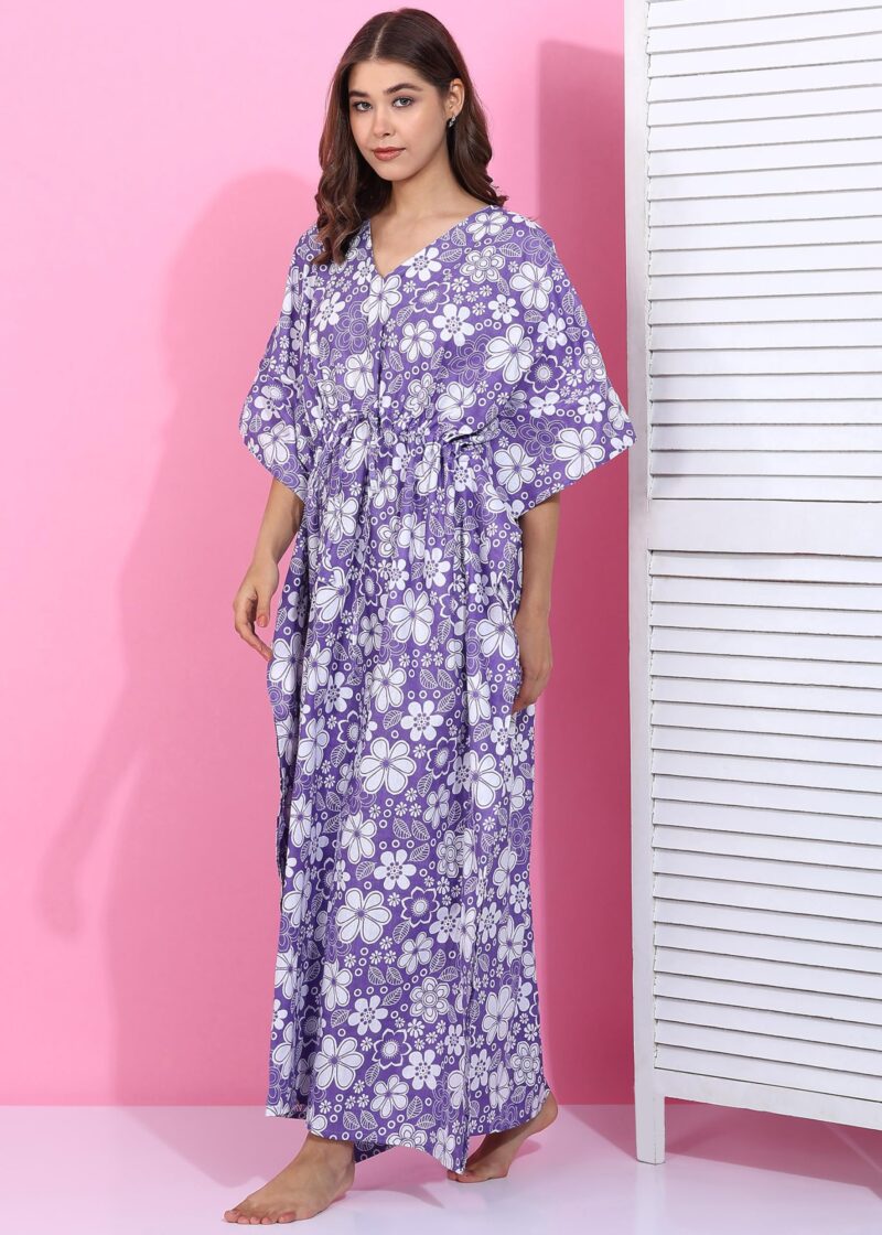 Vlazom Women’s Floral Jispuri Print Cotton Kaftan | Free Size V-Neck Drawstring Maxi Dress | Lounge, Beach & Resort Wear (Purple, Free Size) - Image 3