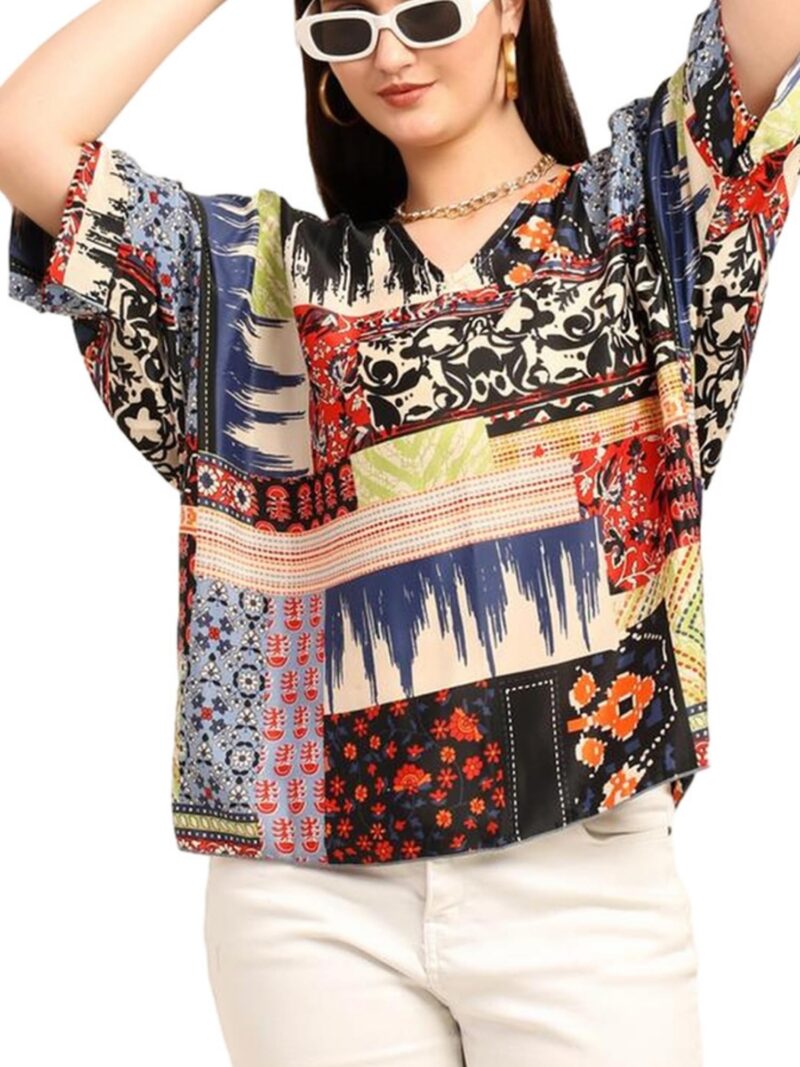KE KANHA EXPORTS Over Size top|Tops for Woman|Boho Vibe Beach wear|Soft Silky Feel Border Print|V-Neck Half Sleeve Loose Fit|Multicolor|Easily fits M toXXL|Bust 32-40in Length 28in|Pack of 1