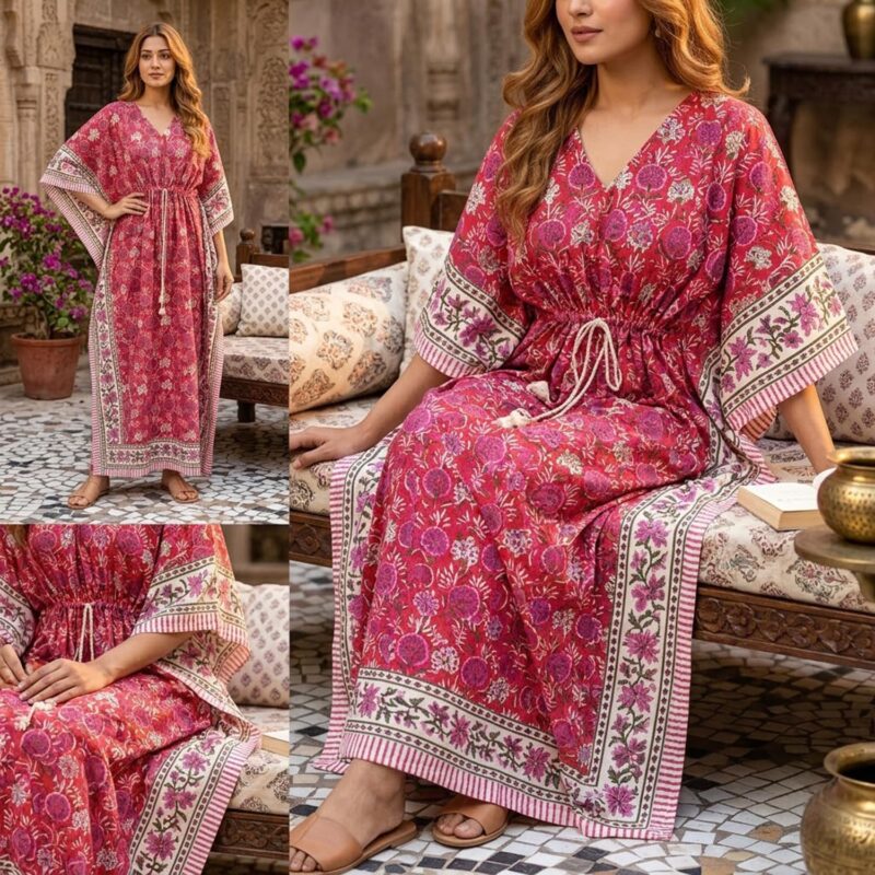 MOMISY Women's Handmade Mal Cotton Handicraft Artisan Hand Block Printed Natural Colour Maxi Kaftan Dress Gown-56 Inch Long-LB1 - Image 5