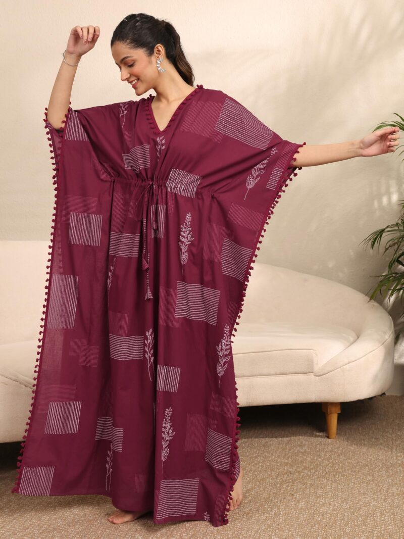 Libas Printed Kaftan Style Nightdress with Attached Waistbelt Maroon - Image 2