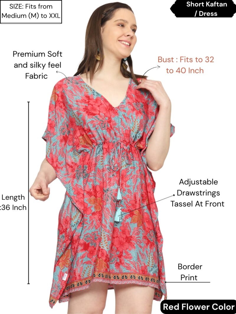 KE KANHA EXPORTS Kaftan Dress|kafthan Dress for Women|Kaftan Kurti for Women|Beach wear|Boho Beach|Border Print Drawstring Tassel|Printed|Easily fits M to XXL|Bust32-42in Length36in - Image 4