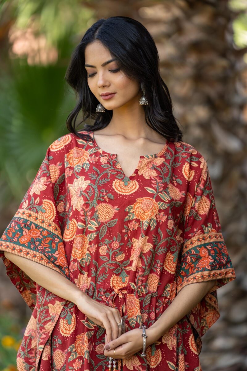 Navyas Fashion Women's Pure Cotton Full Length Kaftan Dress, Notched Neck, Drawstring with Tassels at Waist, 2 Side Slits, Floral Print, Bohemian Style (Large) (X-Large) - Image 6