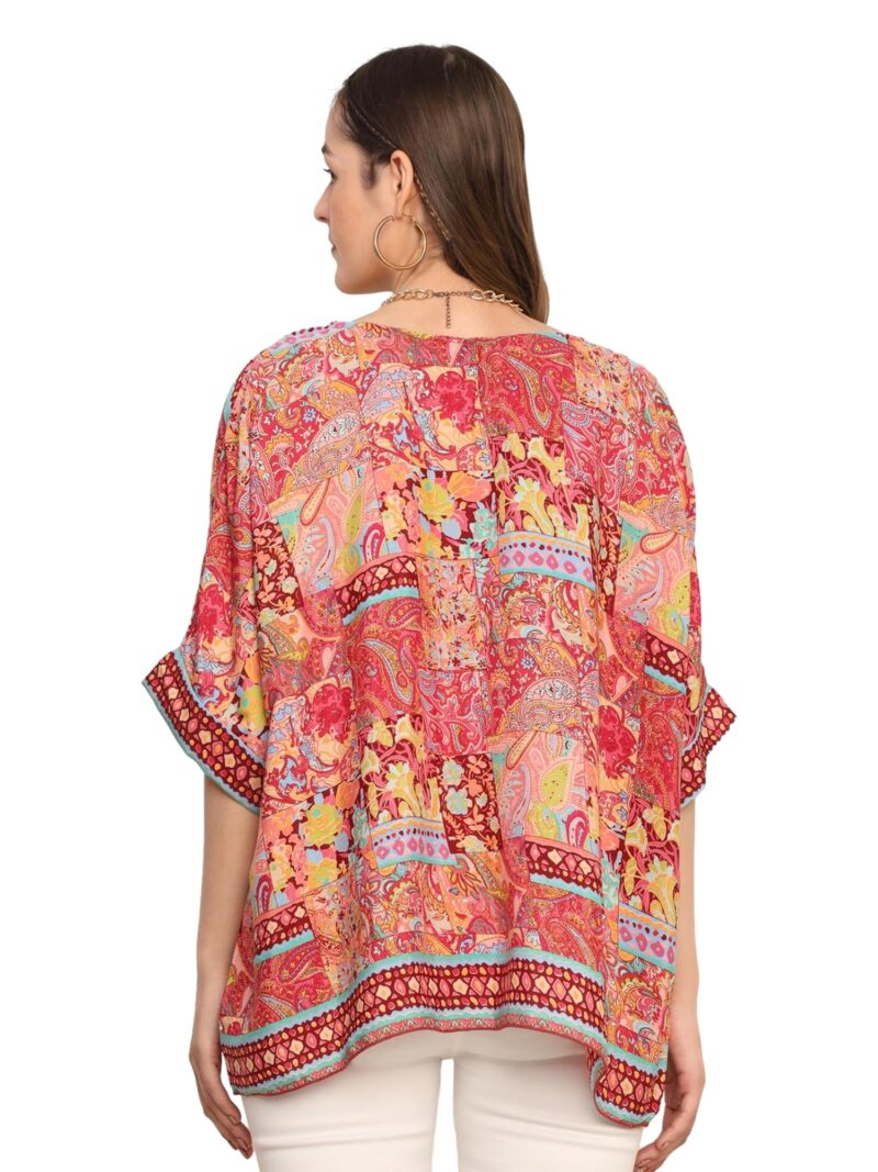 KE KANHA EXPORTS Over Size top|Tops for Woman|Boho Vibe Beach wear|Soft Silky Feel Border Print|V-Neck Half Sleeve Loose Fit|Multicolor|Easily fits M toXXL|Bust 32-40in Length 28in|Pack of 1 - Image 4