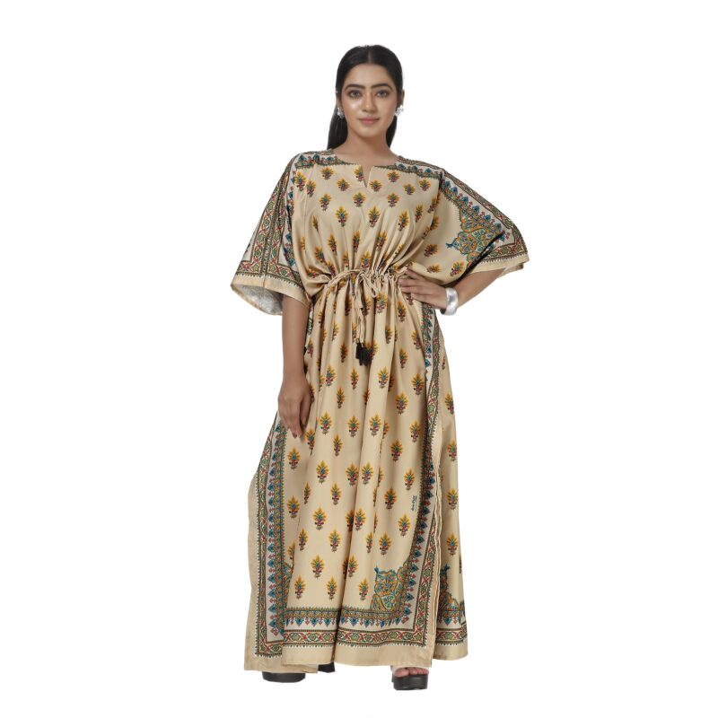 daintier Women's Rayon Cotton Long Kaftan Dress V-Neck Maxi Caftan with Drawstring Waist Casual Boho Loungewear Beach Swimsuit Cover Up Nightgown Sleepwear Resort Wear Daily House Dress(Tan)