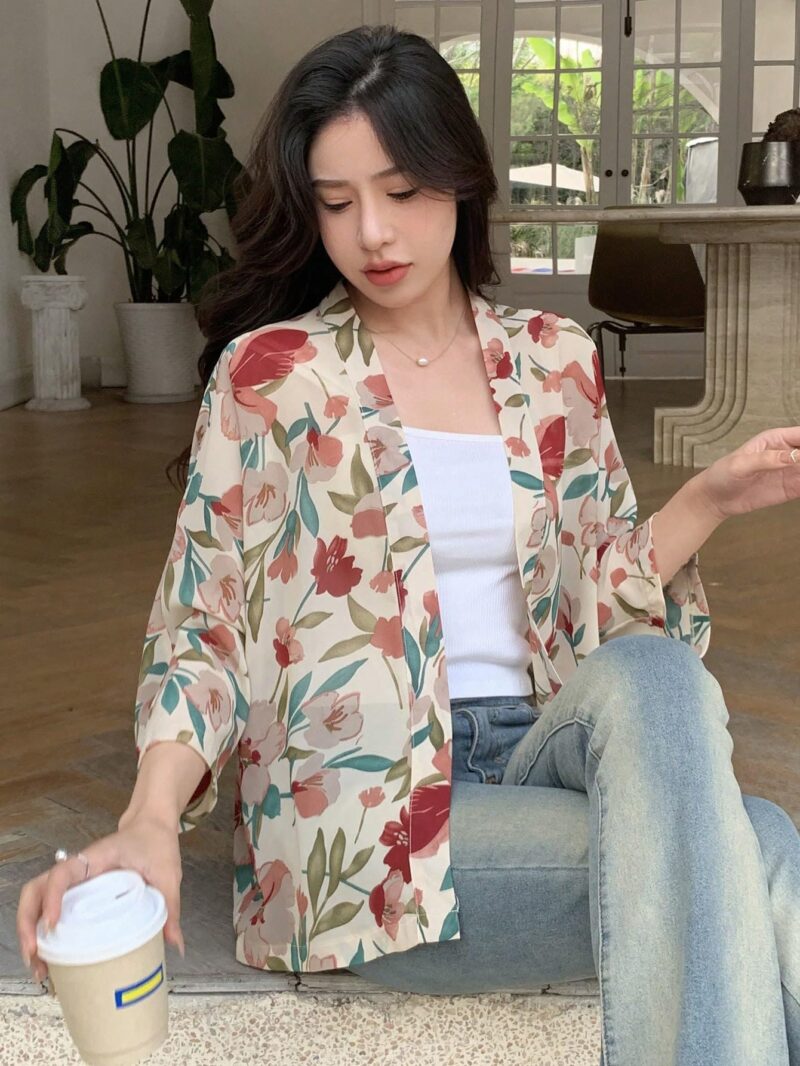 TOPLOT Women's Front Open Floral Printed Shrug Top Regular Fit (Shrug-5148-Apricot-XXL) - Image 2