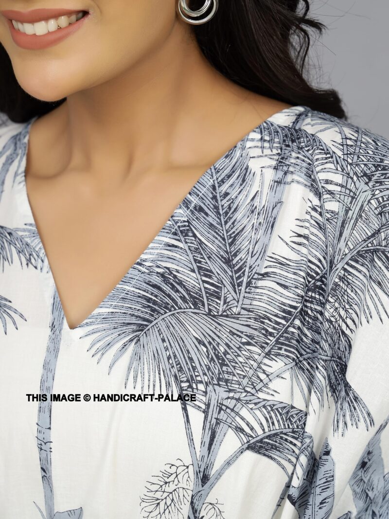 Ravaiyaa - Attitude is everything Indian Handmade Printed Cotton Short Kaftan Women Beach Wear Kimiono Gown Dress (Grey Palm Tree) - Image 6