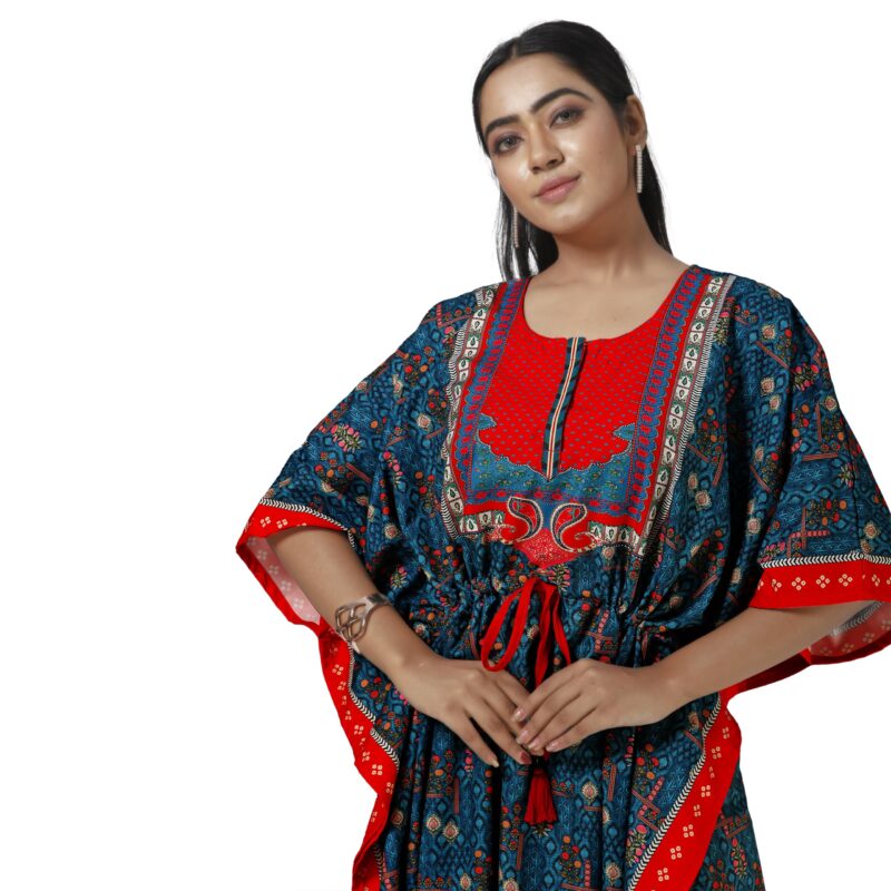 daintier Women's Rayon Cotton Long Kaftan Dress V-Neck Maxi Caftan with Drawstring Waist Casual Boho Loungewear Beach Swimsuit Cover Up Nightgown Sleepwear Resort Wear Daily House Dress(Teal Red) - Image 5