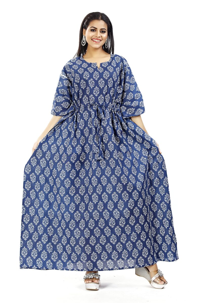 ShrI Ganesh Impex Maxi Kaftan for Women, Pure Cotton Nighty, Loungewear Kaftan | Hand Block Printed Women Nighty | Free Size Blue Block - Image 3