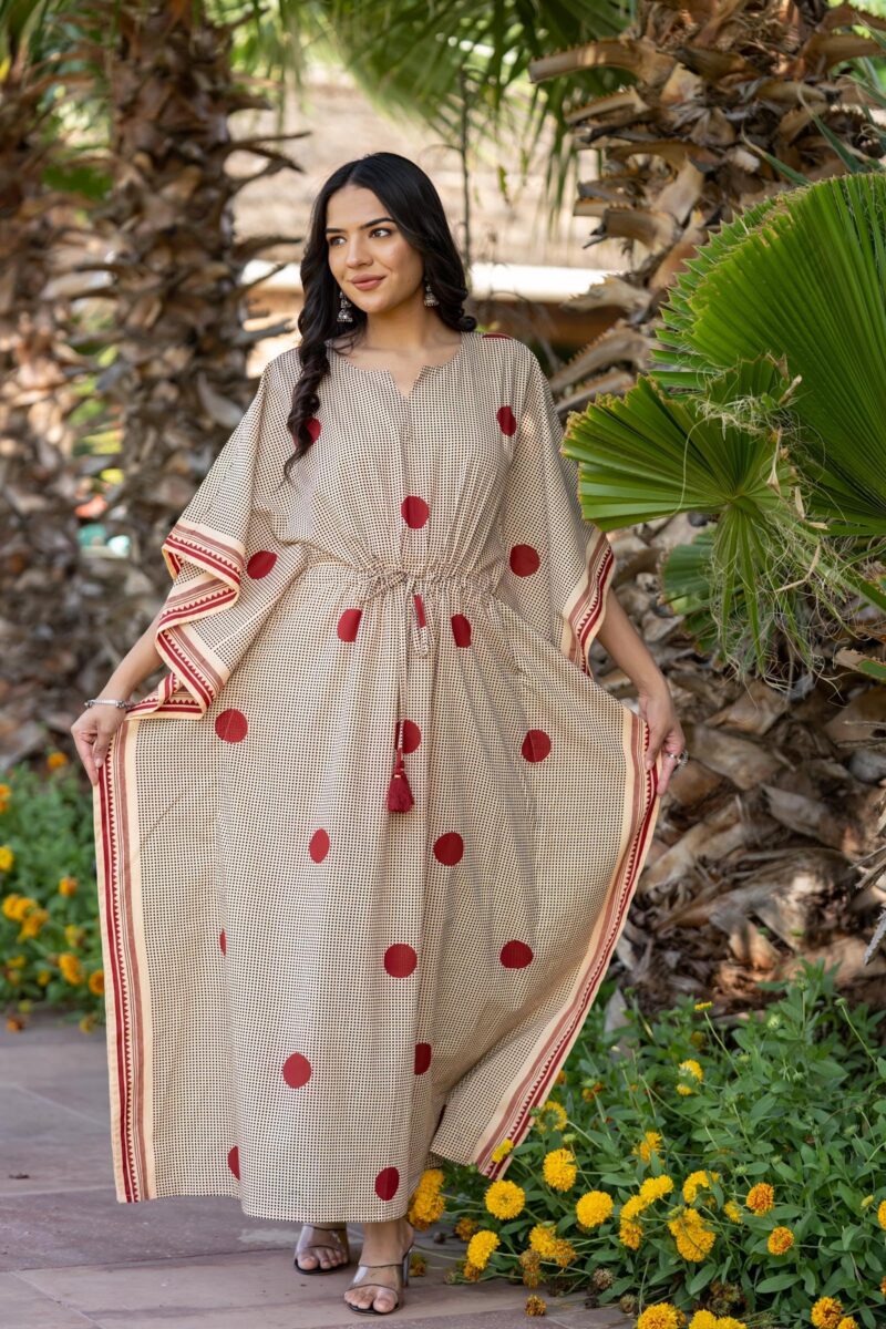 Navyas Fashion Bagru Polka Dot Printed Cotton Kaftan Dress, Pure Cotton, Full Length, Notched Neckline, Drawstring with Tassels, 2 Side Slits, Customisable & Bulk Available (XX-Large) - Image 8