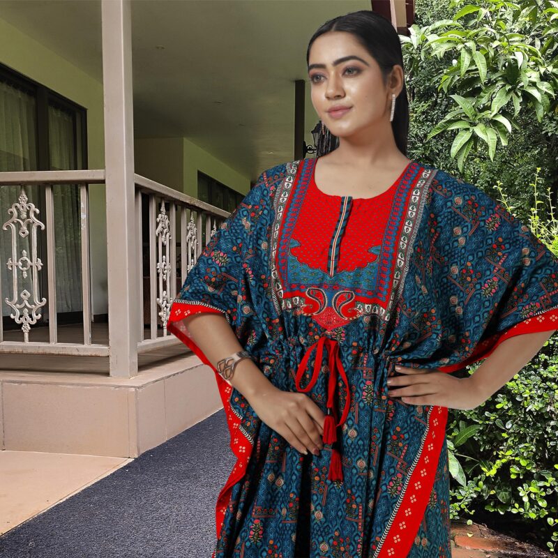 daintier Women's Rayon Cotton Long Kaftan Dress V-Neck Maxi Caftan with Drawstring Waist Casual Boho Loungewear Beach Swimsuit Cover Up Nightgown Sleepwear Resort Wear Daily House Dress(Teal Red) - Image 7