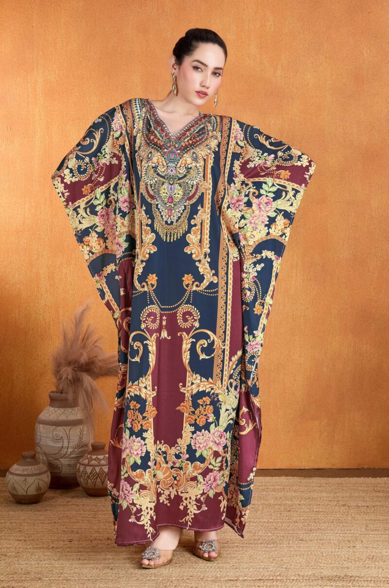 Label Aarna Soft Satin Kaftan Dress for Women | Rhinestone Handwork | Digital Print | Free Size (M-4XL) | Hidden Adjustable Belt | Designer Chic Outfit | Crystal Boho - Image 7