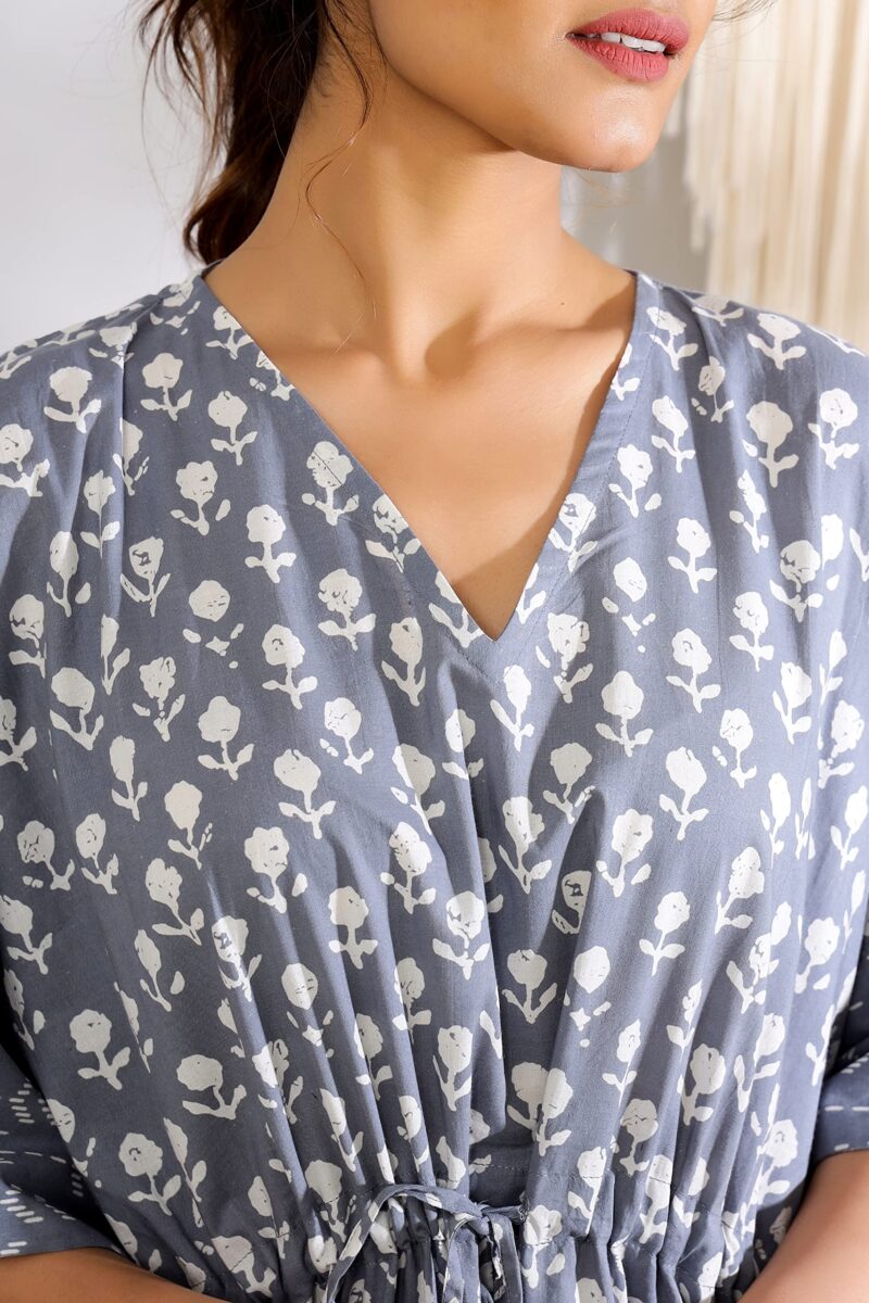 Ravaiyaa - Attitude is everything Women's Cotton Printed Maxi Kaftan Sleepwear Nightdress Gown Caftan (Grey Floral) - Image 4
