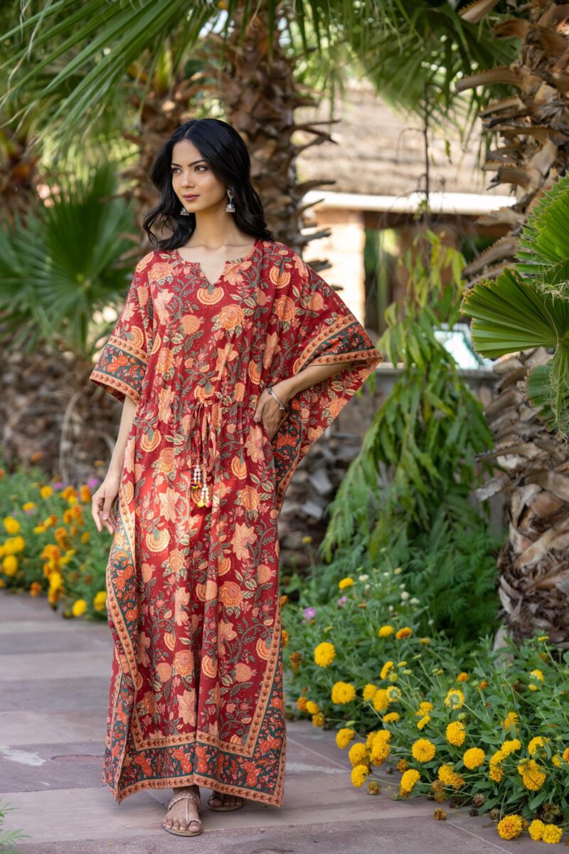 Navyas Fashion Women's Pure Cotton Full Length Kaftan Dress, Notched Neck, Drawstring with Tassels at Waist, 2 Side Slits, Floral Print, Bohemian Style (Large) (X-Large) - Image 3
