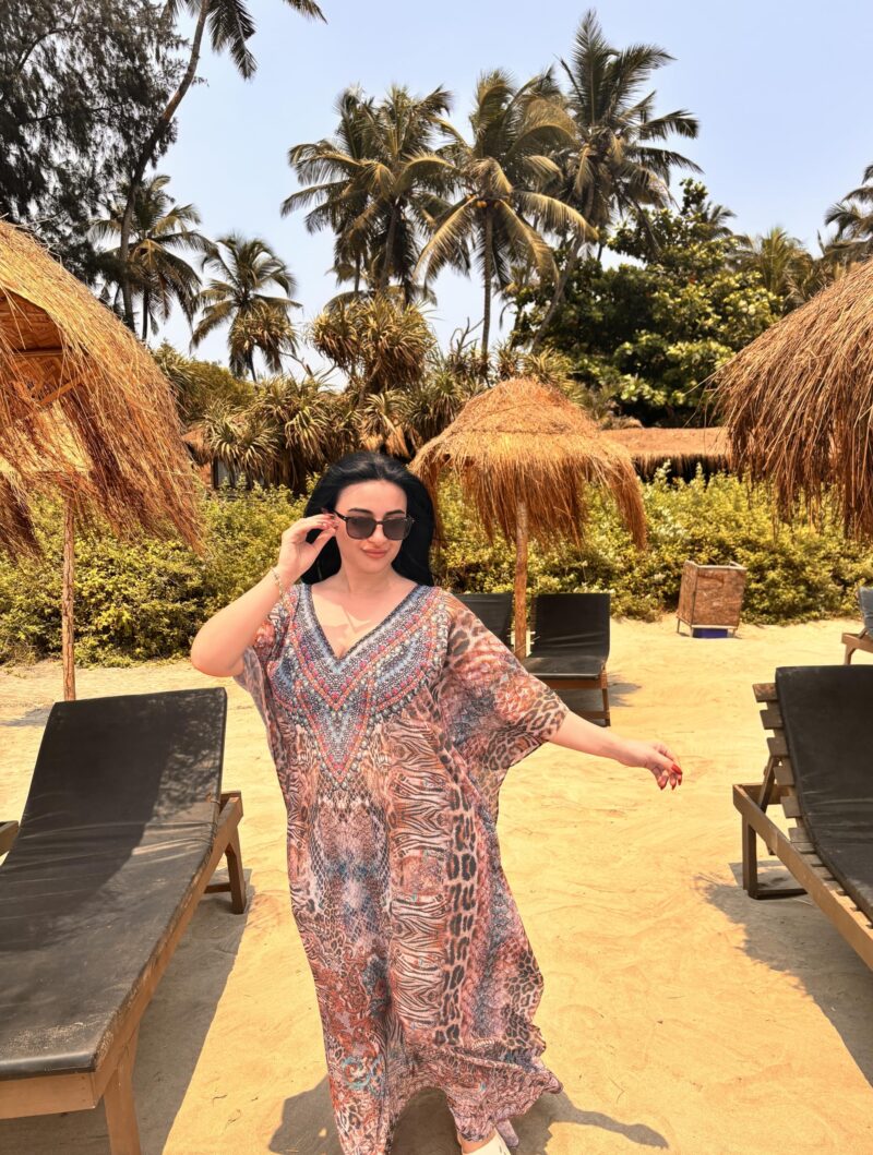 Art Of Creation Ethnic Print Georgette Fabric Kaftan Dresses For Women Beach Dress Plus Size Swimsuit Cover Up (Brown-Multi) - Image 2