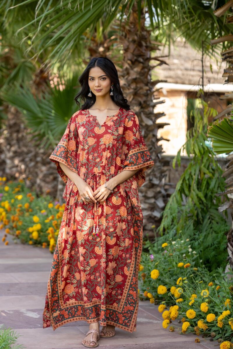 Navyas Fashion Women's Pure Cotton Full Length Kaftan Dress, Notched Neck, Drawstring with Tassels at Waist, 2 Side Slits, Floral Print, Bohemian Style (Large) (X-Large) - Image 2