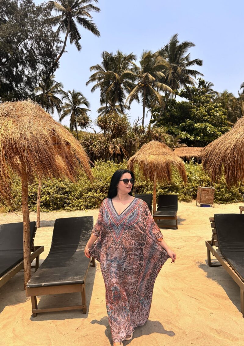 Art Of Creation Ethnic Print Georgette Fabric Kaftan Dresses For Women Beach Dress Plus Size Swimsuit Cover Up (Brown-Multi) - Image 3