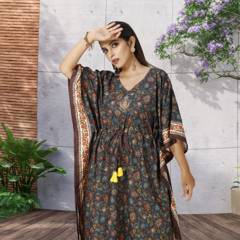 daintier Women's Long Kaftan Dress V-Neck Maxi Caftan with Drawstring Waist Casual Boho Loungewear Beach Swimsuit Cover Up Nightgown Sleepwear Resort Wear Daily House Dress for Ladies(Brown) - Image 3