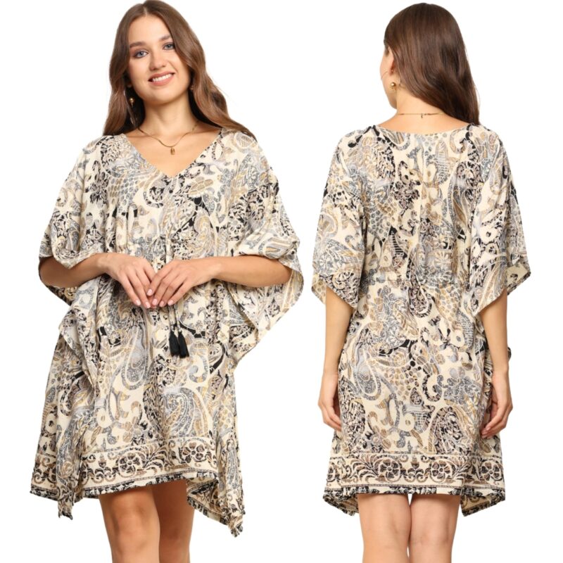 KE KANHA EXPORTS Kaftan Dress|kafthan Dress for Women|Kaftan Kurti for Women|Beach wear|Boho Beach|Border Print Drawstring Tassel|Printed|Easily fits M to XXL|Bust32-42in Length36in - Image 9