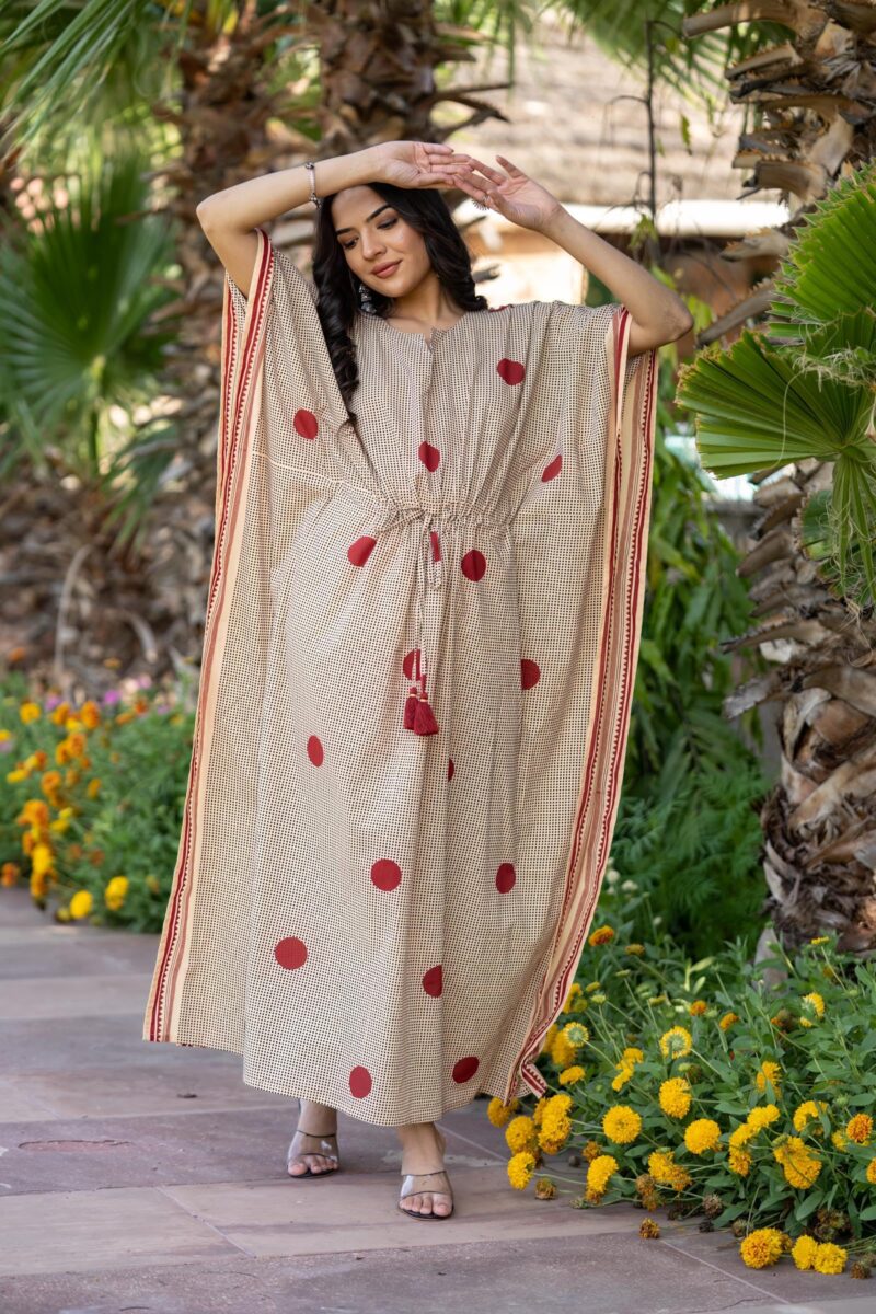 Navyas Fashion Bagru Polka Dot Printed Cotton Kaftan Dress, Pure Cotton, Full Length, Notched Neckline, Drawstring with Tassels, 2 Side Slits, Customisable & Bulk Available (XX-Large) - Image 7