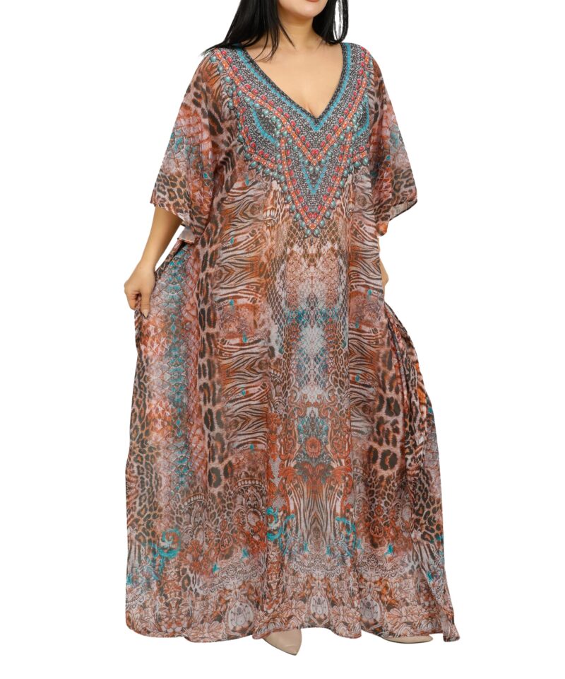 Art Of Creation Ethnic Print Georgette Fabric Kaftan Dresses For Women Beach Dress Plus Size Swimsuit Cover Up (Brown-Multi)