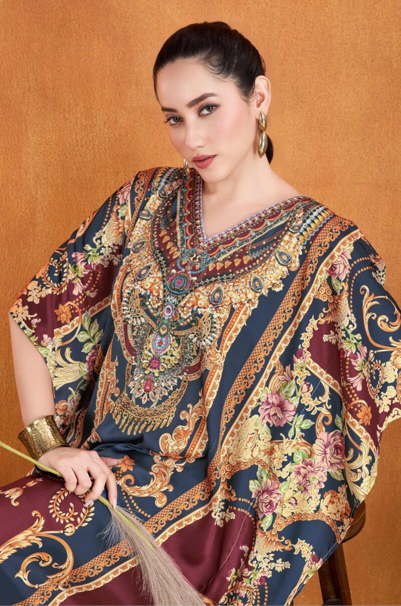 Label Aarna Soft Satin Kaftan Dress for Women | Rhinestone Handwork | Digital Print | Free Size (M-4XL) | Hidden Adjustable Belt | Designer Chic Outfit | Crystal Boho - Image 4
