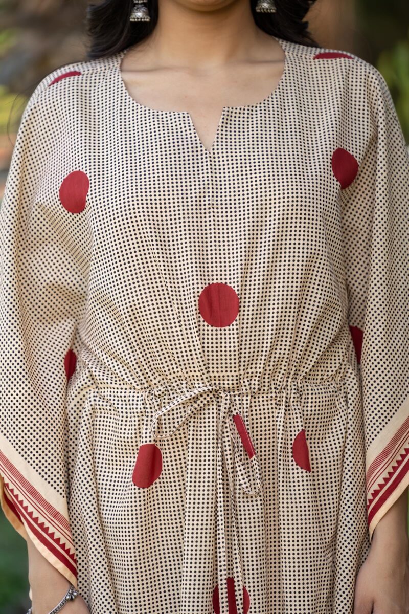 Navyas Fashion Bagru Polka Dot Printed Cotton Kaftan Dress, Pure Cotton, Full Length, Notched Neckline, Drawstring with Tassels, 2 Side Slits, Customisable & Bulk Available (XX-Large) - Image 9