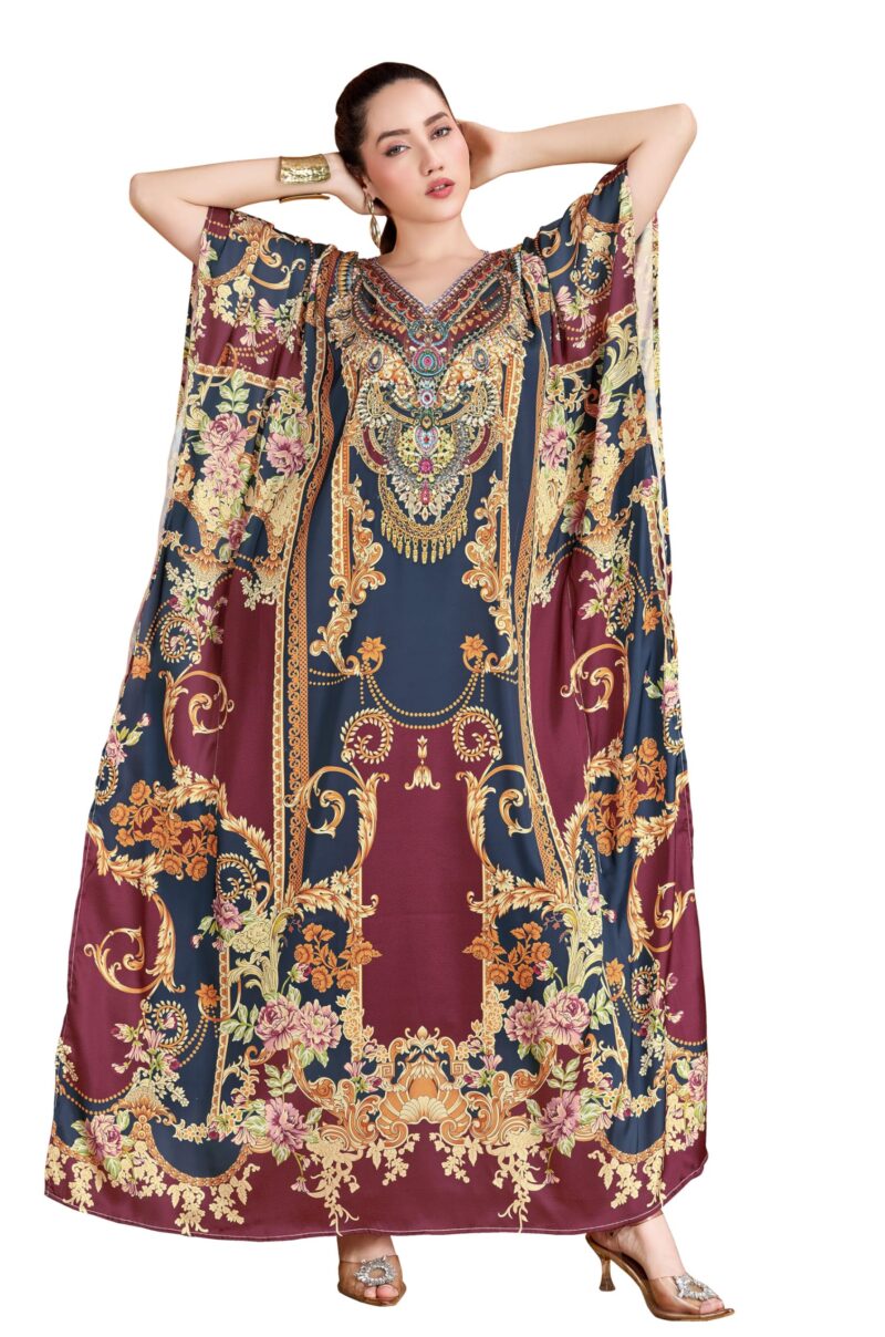 Label Aarna Soft Satin Kaftan Dress for Women | Rhinestone Handwork | Digital Print | Free Size (M-4XL) | Hidden Adjustable Belt | Designer Chic Outfit | Crystal Boho