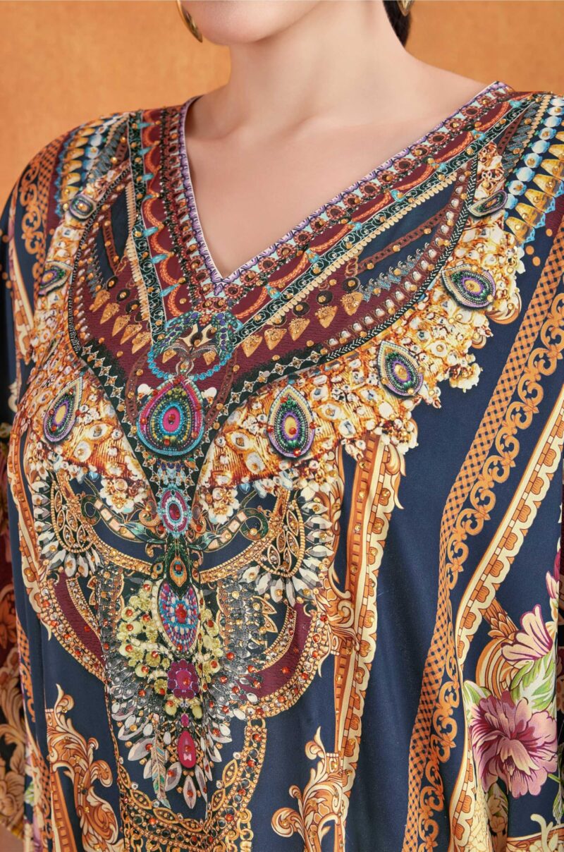 Label Aarna Soft Satin Kaftan Dress for Women | Rhinestone Handwork | Digital Print | Free Size (M-4XL) | Hidden Adjustable Belt | Designer Chic Outfit | Crystal Boho - Image 5