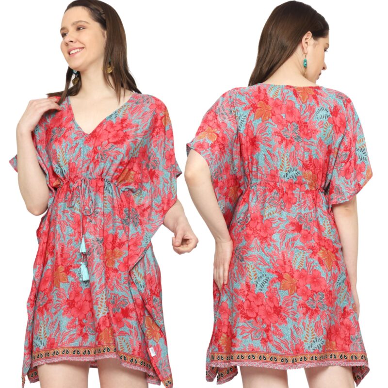 KE KANHA EXPORTS Kaftan Dress|kafthan Dress for Women|Kaftan Kurti for Women|Beach wear|Boho Beach|Border Print Drawstring Tassel|Printed|Easily fits M to XXL|Bust32-42in Length36in - Image 5