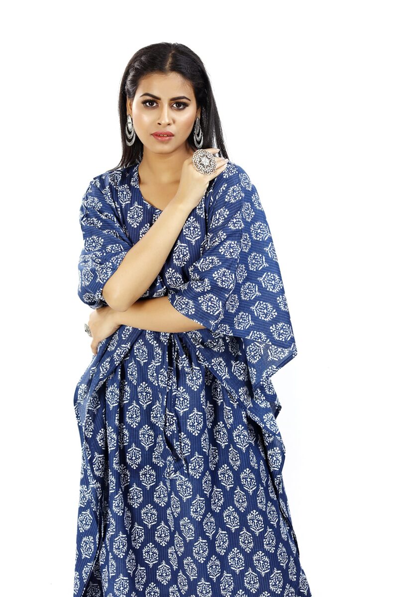 ShrI Ganesh Impex Maxi Kaftan for Women, Pure Cotton Nighty, Loungewear Kaftan | Hand Block Printed Women Nighty | Free Size Blue Block - Image 6