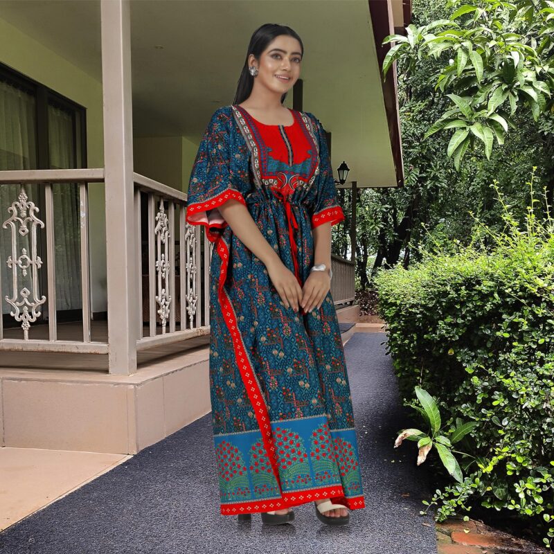daintier Women's Rayon Cotton Long Kaftan Dress V-Neck Maxi Caftan with Drawstring Waist Casual Boho Loungewear Beach Swimsuit Cover Up Nightgown Sleepwear Resort Wear Daily House Dress(Teal Red) - Image 6