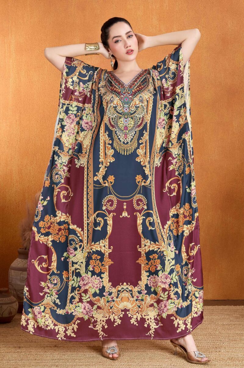 Label Aarna Soft Satin Kaftan Dress for Women | Rhinestone Handwork | Digital Print | Free Size (M-4XL) | Hidden Adjustable Belt | Designer Chic Outfit | Crystal Boho - Image 2