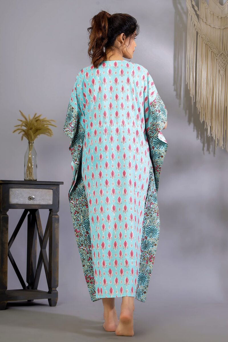 Ravaiyaa - Attitude is everything Women's Cotton Printed Maxi Kaftan Sleepwear Nightdress Gown Caftan (Turquoise Floral) - Image 3