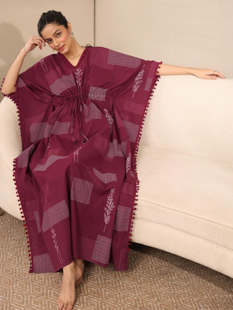 Libas Printed Kaftan Style Nightdress with Attached Waistbelt Maroon - Image 4