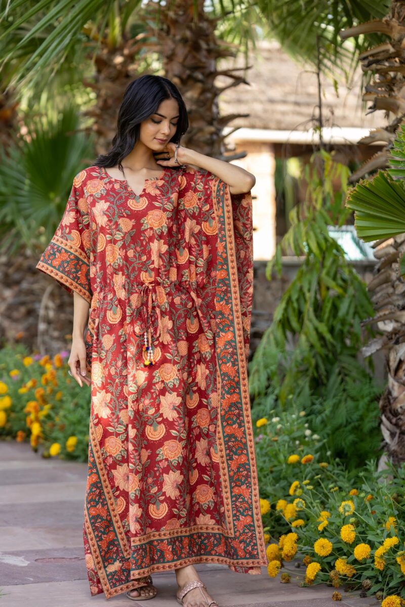 Navyas Fashion Women's Pure Cotton Full Length Kaftan Dress, Notched Neck, Drawstring with Tassels at Waist, 2 Side Slits, Floral Print, Bohemian Style (Large) (X-Large) - Image 4
