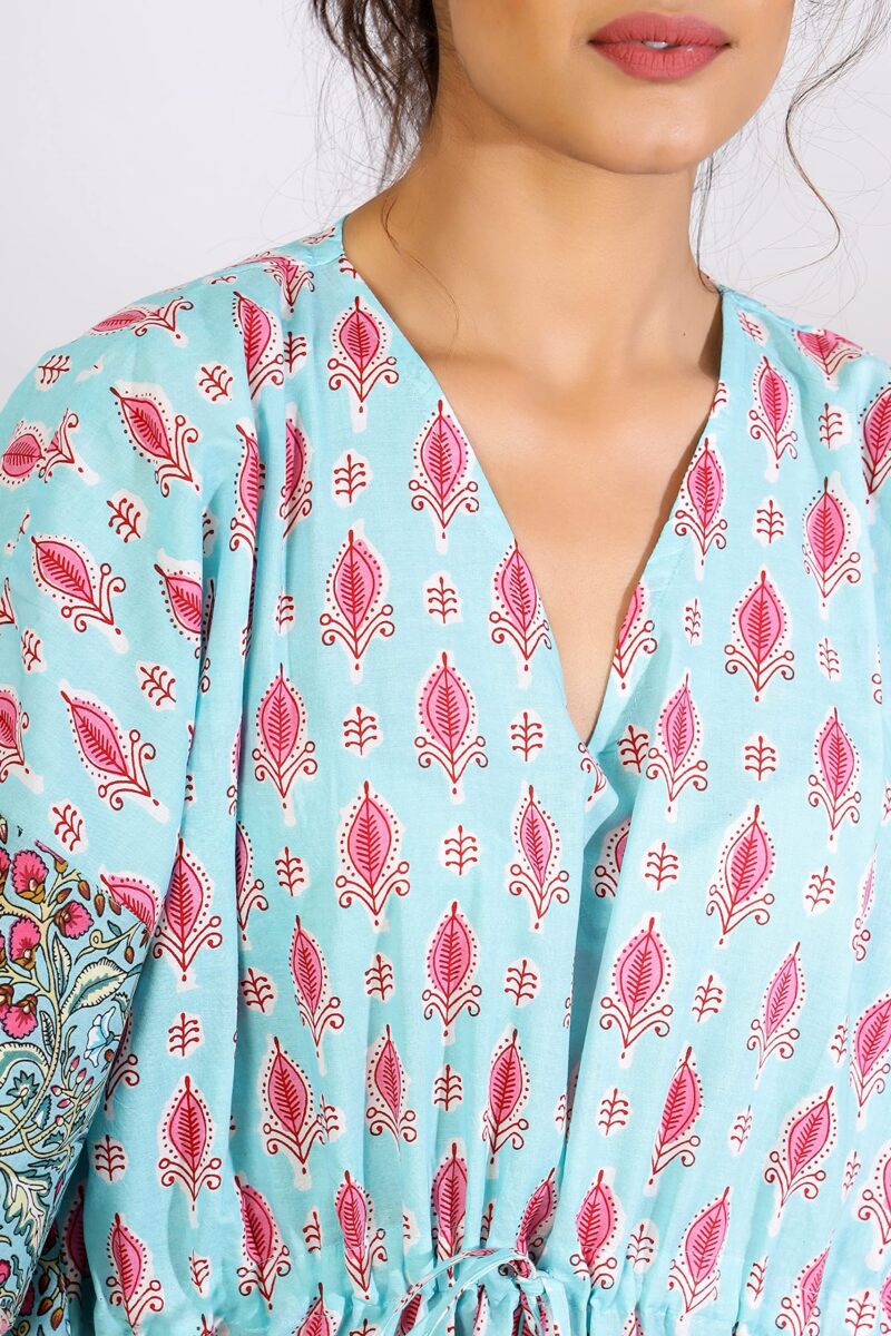 Ravaiyaa - Attitude is everything Women's Cotton Printed Maxi Kaftan Sleepwear Nightdress Gown Caftan (Turquoise Floral) - Image 4