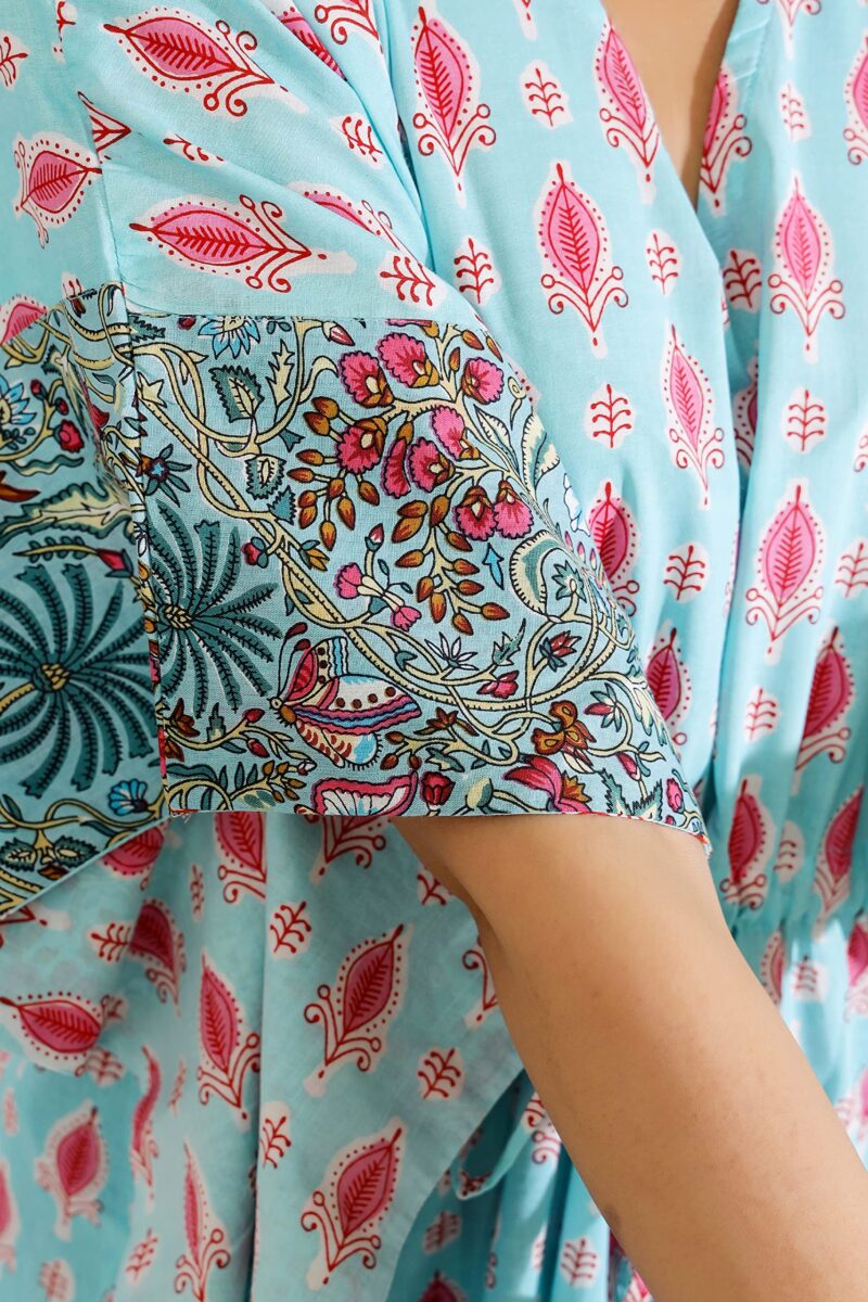 Ravaiyaa - Attitude is everything Women's Cotton Printed Maxi Kaftan Sleepwear Nightdress Gown Caftan (Turquoise Floral) - Image 5