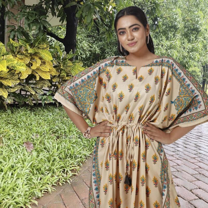 daintier Women's Rayon Cotton Long Kaftan Dress V-Neck Maxi Caftan with Drawstring Waist Casual Boho Loungewear Beach Swimsuit Cover Up Nightgown Sleepwear Resort Wear Daily House Dress(Tan) - Image 6