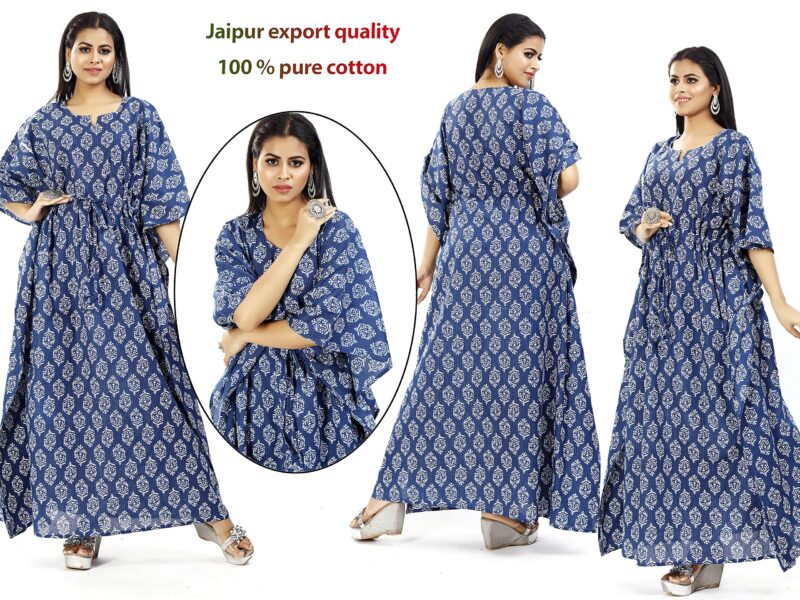 ShrI Ganesh Impex Maxi Kaftan for Women, Pure Cotton Nighty, Loungewear Kaftan | Hand Block Printed Women Nighty | Free Size Blue Block - Image 2