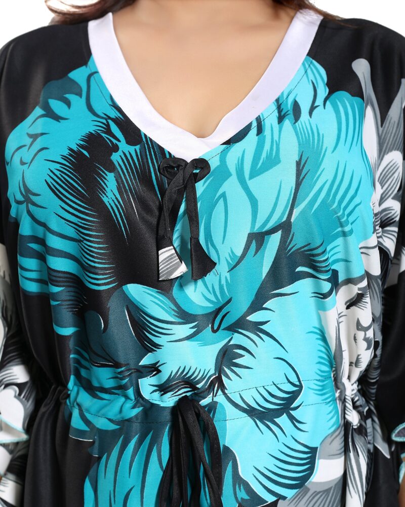 Noty Women's Kaftan Nighty | Serena Fabric | Floral Print Maxi | Short Sleeves | V Shaped Neck (Free Size, Green & Black) - Image 5