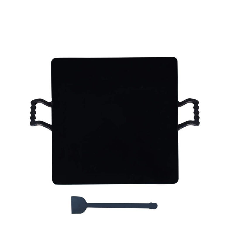 PRINA E-SHOP Pure Iron Flat Square Design for Dosa/Roti/Chappati/Pathri Tawa with Laser Cutting Handle/Gas & Induction-Friendly Dosa Kal (Black_30cm x 30cm)